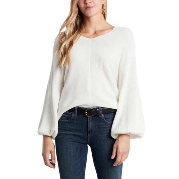 1. State Sweaters - NWT 1. State Antique White Balloon Sleeve V Neck Long Sleeve Ribbed Sweater